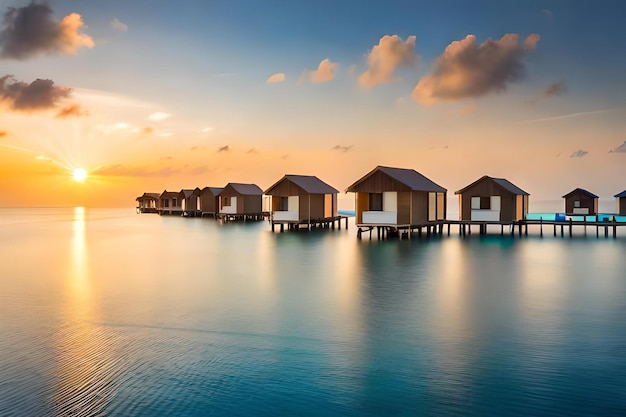 Uma fileira de cabanas de praia na água