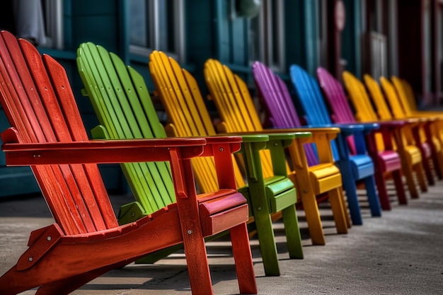 Uma fileira de cadeiras adirondack coloridas está alinhada do lado de fora.