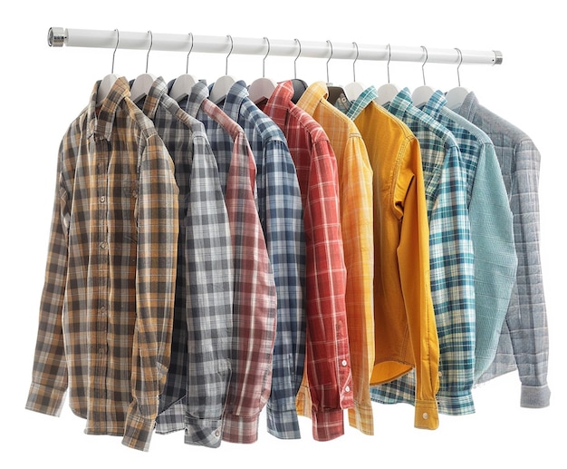 uma fileira de camisas dobradas com uma camisa amarela na frente