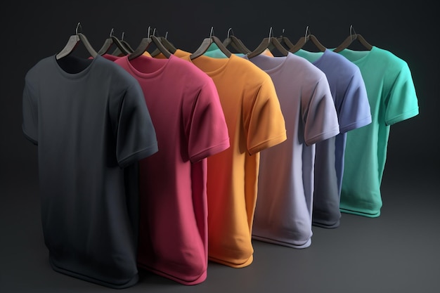Uma fileira de camisetas com cores diferentes