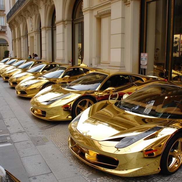 uma fileira de carros dourados com o número 2 no capô