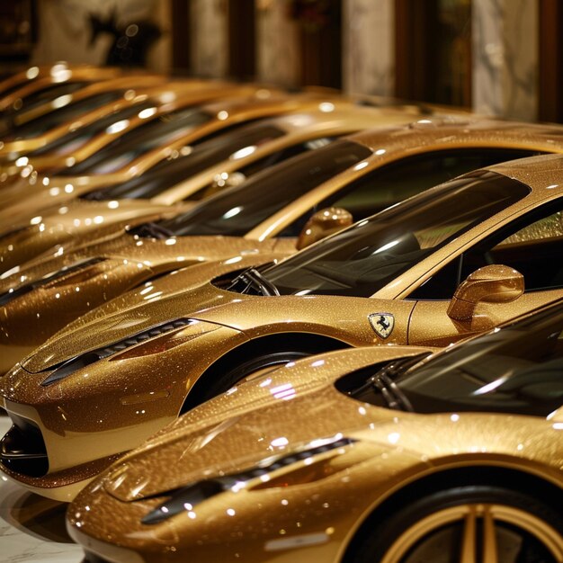 uma fileira de carros dourados com o número 2 no lado