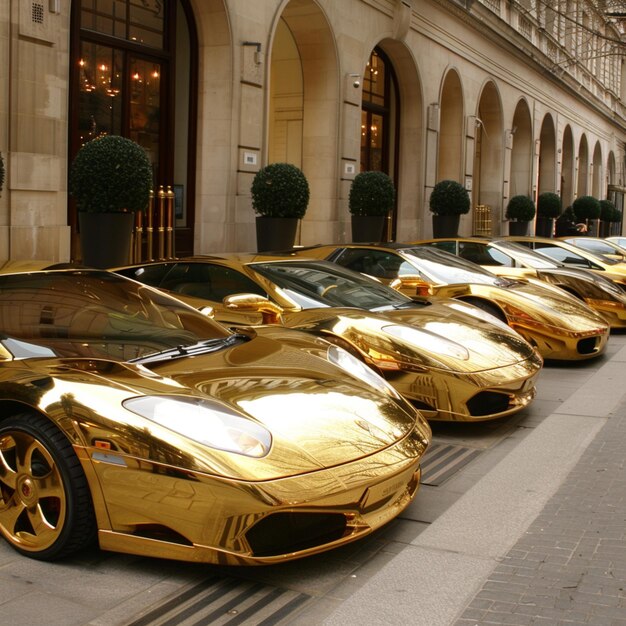 uma fileira de carros dourados com o número 3 na parte superior