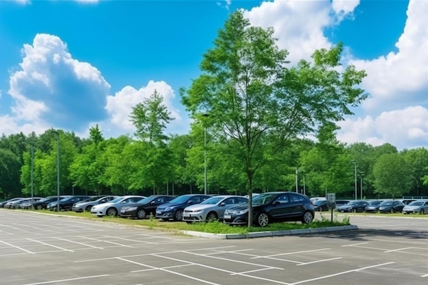 uma fileira de carros em um estacionamento com árvores no fundo