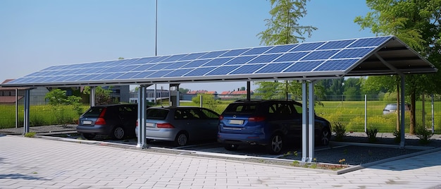 Uma fileira de carros estacionados sob um painel solar