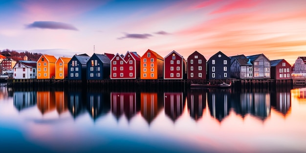 Uma fileira de casas coloridas com o céu ao fundo