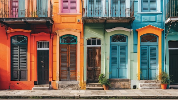 Foto uma fileira de casas coloridas com persianas correspondentes e ilustração gerada pela ia