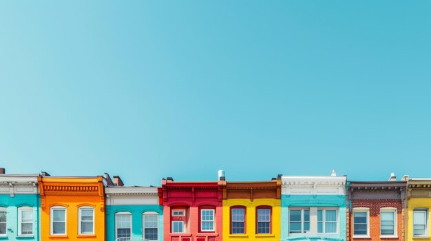 Uma fileira de casas coloridas na cidade com fundo azul e espaço de cópia