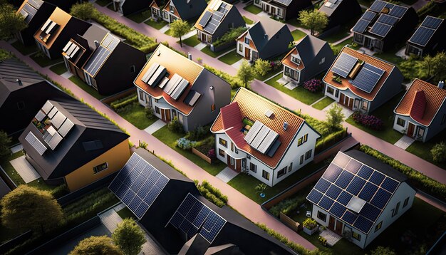 Uma fileira de casas com painéis solares no telhado Energia limpa Generative AI