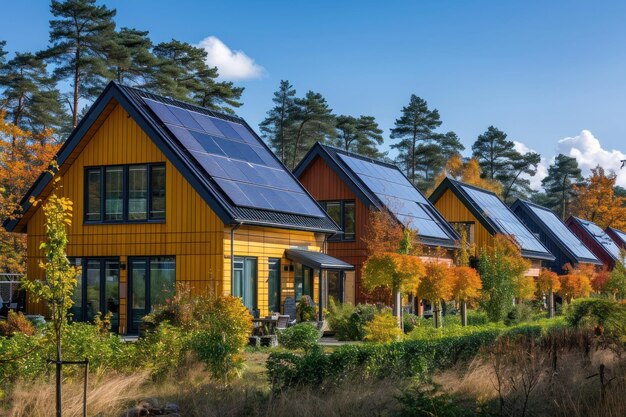 Uma fileira de casas com painéis solares no telhado