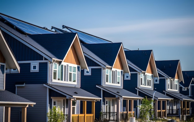 Uma fileira de casas com painéis solares no telhado