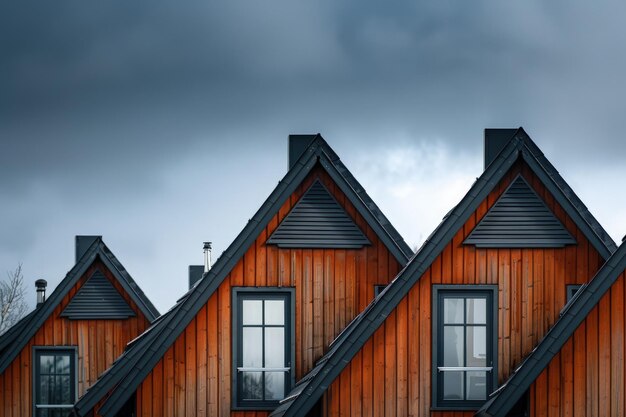 Uma fileira de casas de madeira com janelas em um dia nublado