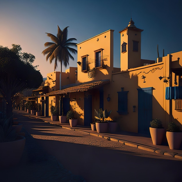 Uma fileira de casas mexicanas com luz do dia e céu azul