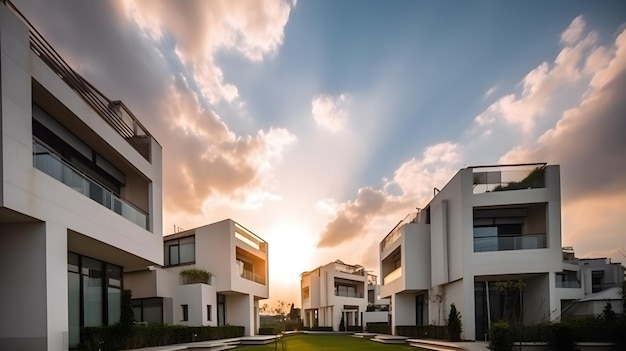 Foto uma fileira de casas modernas com o pôr do sol atrás delas