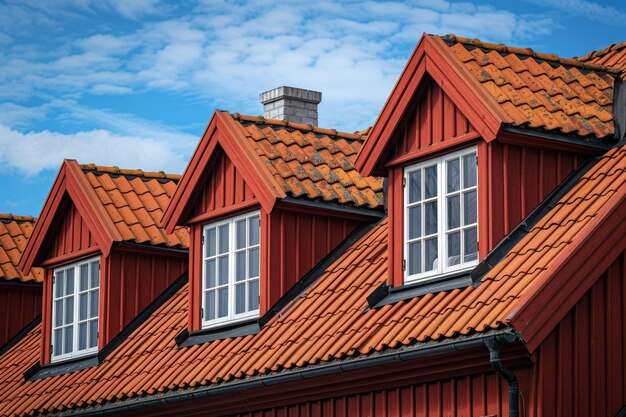 Uma fileira de casas vermelhas com janelas e telhados de telhas