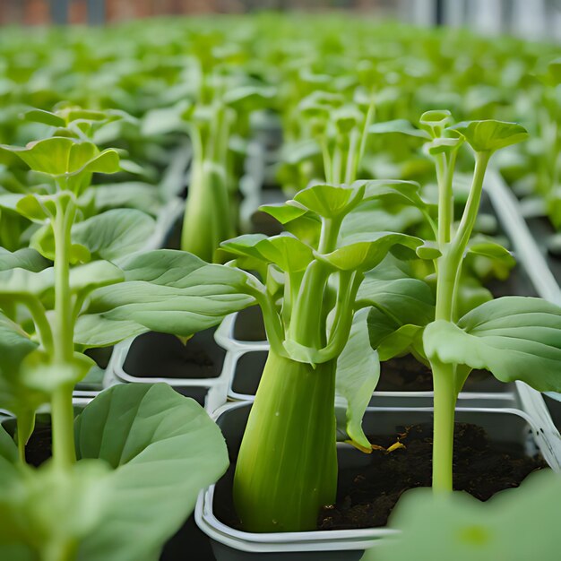 uma fileira de cebolas verdes em uma estufa com um sinal que diz "veggies"