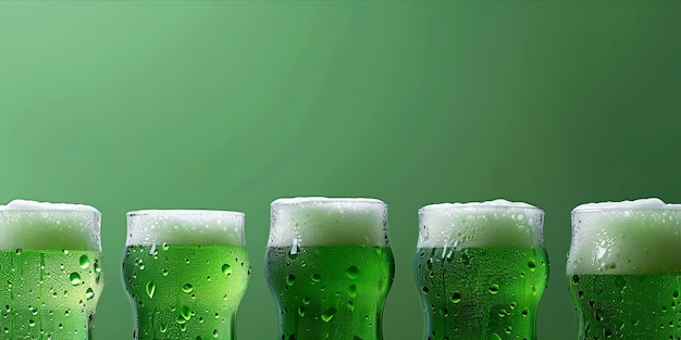 Uma fileira de cervejas de celebração do dia de St. Patrick contra um fundo verde