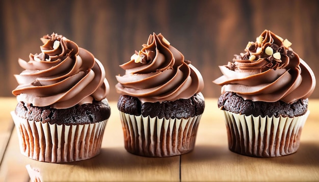 Uma fileira de cupcakes de chocolate com cobertura de chocolate e cobertura de chocolate