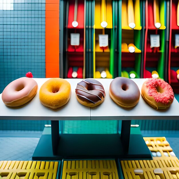 Uma fileira de donuts em uma mesa com uma que diz "donuts".