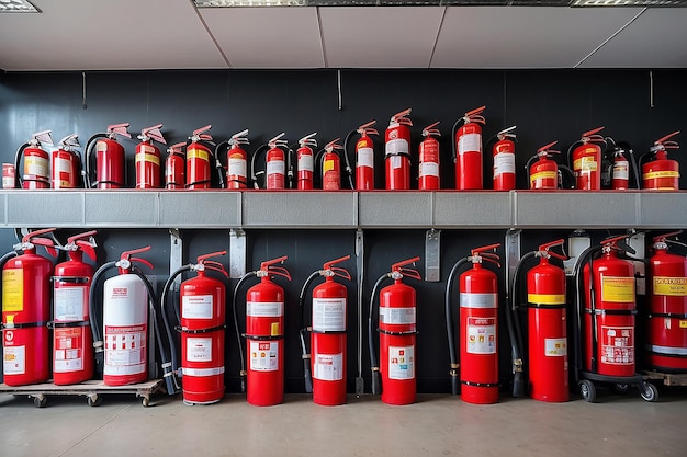 Foto uma fileira de extintores de incêndio estão alinhados em uma prateleira