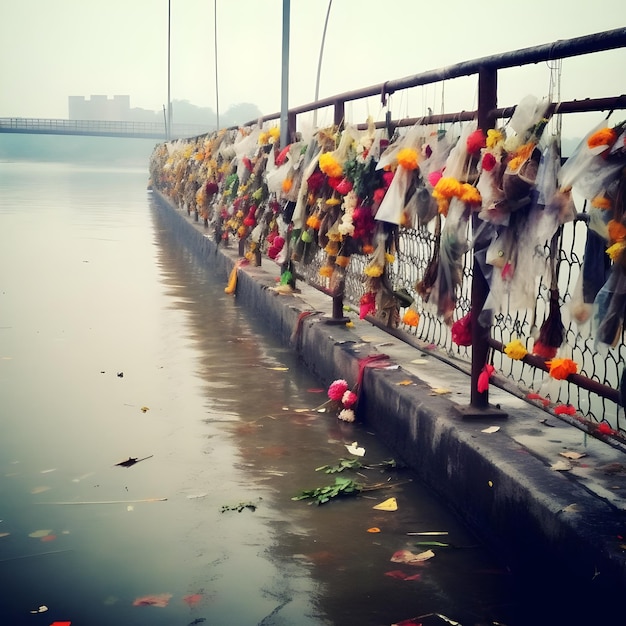 Uma fileira de flores na ponte