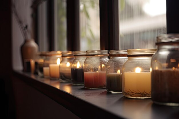 Uma fileira de frascos de vidro com velas aromáticas na janela