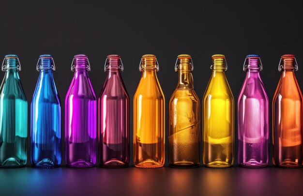 Foto uma fileira de garrafas coloridas diferentes em um fundo preto