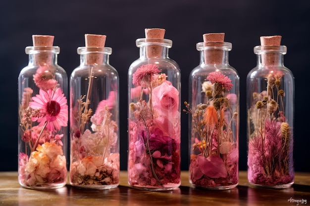 Uma fileira de garrafas com flores