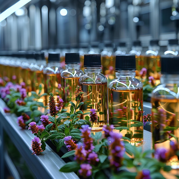 Uma fileira de garrafas de líquido sentadas em cima de uma mesa cheia de flores e plantas ao lado de cada uma