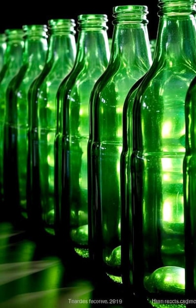 Uma fileira de garrafas verdes com a palavra "água" no fundo.