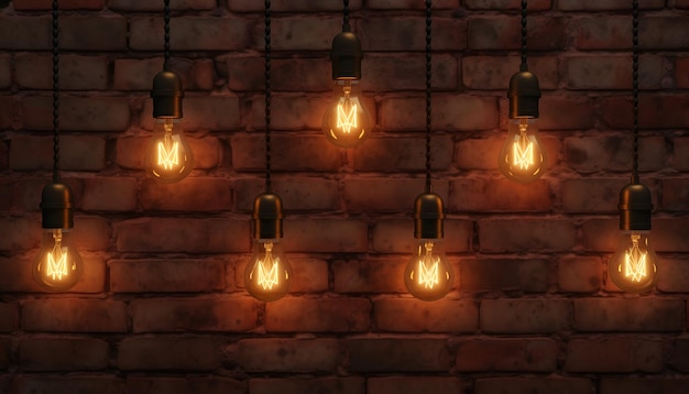 Uma fileira de lâmpadas iluminadas contra uma parede de tijolos texturizada