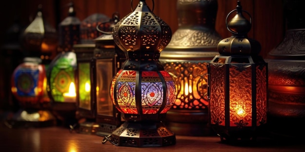 Uma fileira de lanternas com as palavras 'ramadã' na parte inferior
