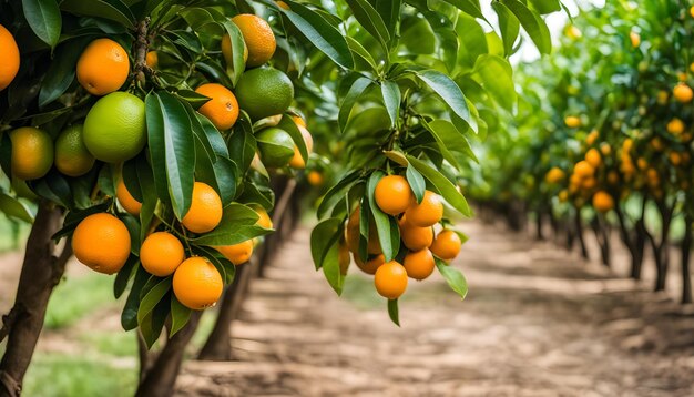 Foto uma fileira de laranjas com folhas verdes estão crescendo em uma fazenda