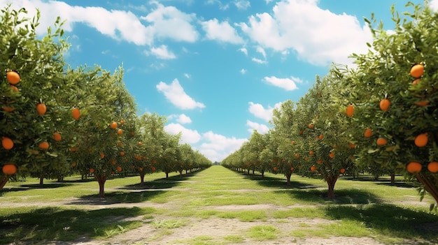 Uma fileira de laranjeiras com um céu azul ao fundo.