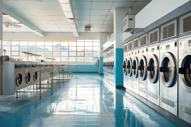 Uma fileira de máquinas de lavar industrial em uma lavandaria pública