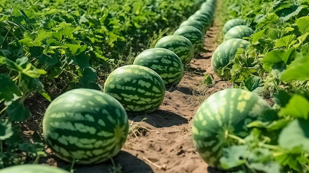 Uma fileira de melancias em um campo