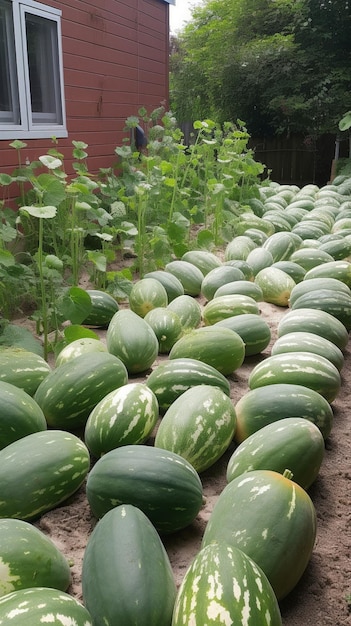 Uma fileira de melancias em um jardim