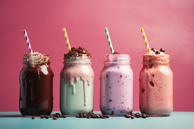 Uma fileira de milkshakes com canudos e gotas de chocolate