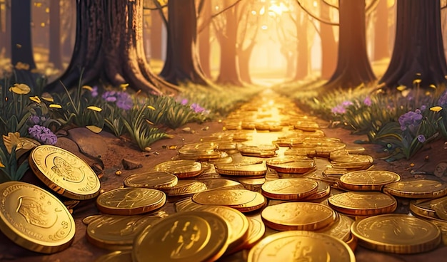 Uma fileira de moedas de ouro em uma floresta com o número 1 na parte inferior.