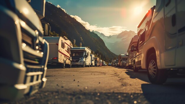 Uma fileira de motorhomes estacionados em um cenário panorâmico de montanha