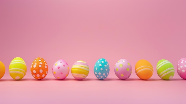 Uma fileira de ovos de Páscoa com padrões coloridos em fundo rosa