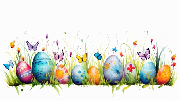 uma fileira de ovos de Páscoa decorativos, cada um pintado com desenhos intrincados e cores vibrantes
