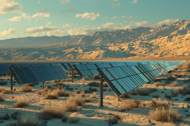 uma fileira de painéis solares estão no chão no deserto