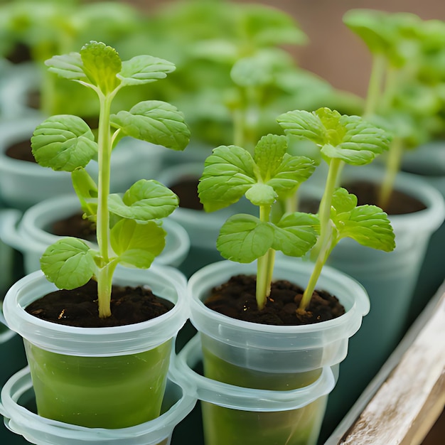 uma fileira de pequenas plantas verdes com uma pequena que diz hortelã