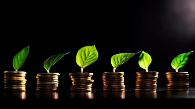 Uma fileira de pilhas de moedas com uma planta crescendo delas Folha de árvore em moedas de economia de dinheiro Finanças comerciais economizando conceito de investimento bancário IA generativa