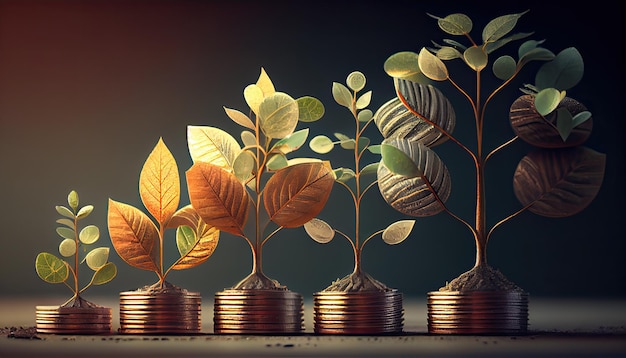 Uma fileira de pilhas de moedas com uma planta crescendo delas Folha de árvore em moedas de economia de dinheiro Finanças comerciais economizando o conceito de investimento bancário