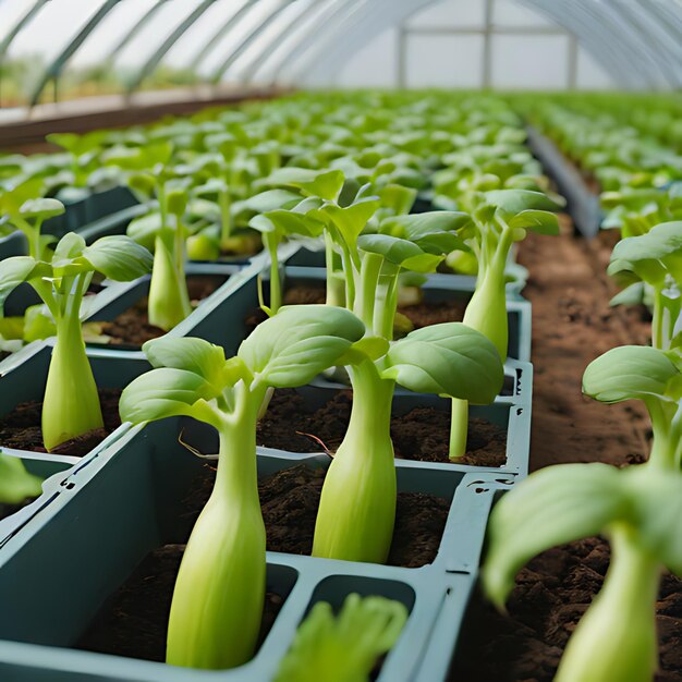 uma fileira de plantas verdes em uma estufa com um telhado verde