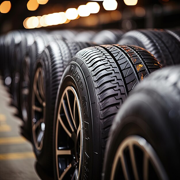 Foto uma fileira de pneus com a palavra pneus sobre eles