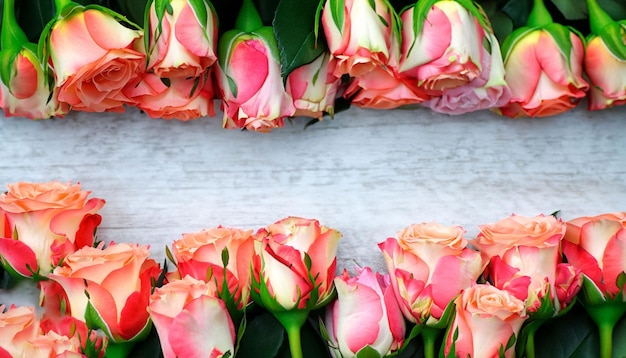 Uma fileira de rosas cor de rosa em um fundo branco de madeira