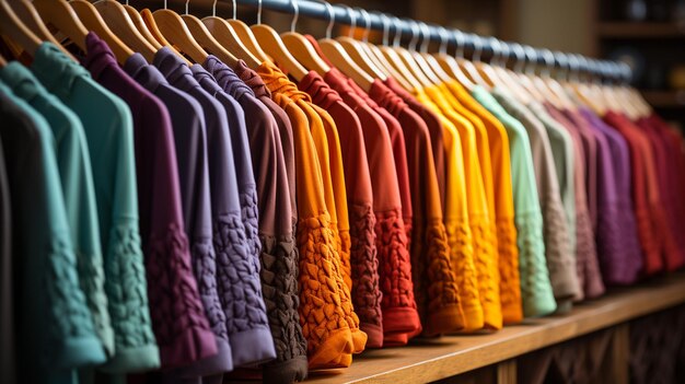 uma fileira de roupas coloridas para venda em uma boutique